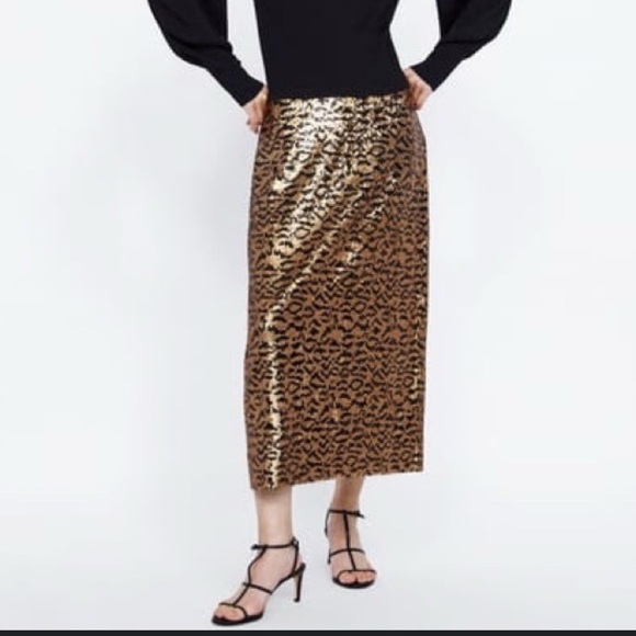 Zara  Gold Leopard Print Sequin Skirt - Picture 1 of 7